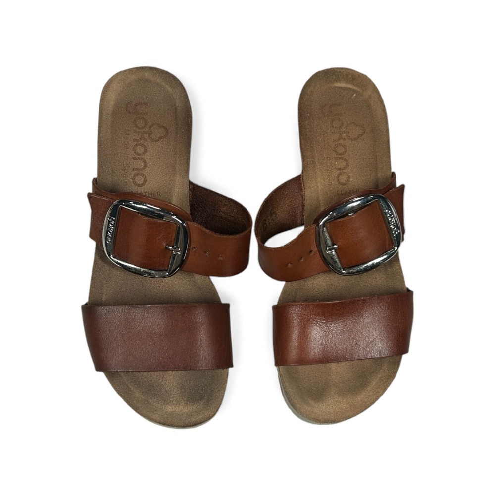 Yokono Women Brown Leather Wedge Slide Sandals Buckle Casual Comfort Size 6.5-7